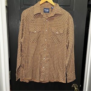 Wrangler Pearl Snap Button Shirt Mens L Plaid Check Brown Western Cowboy Retro